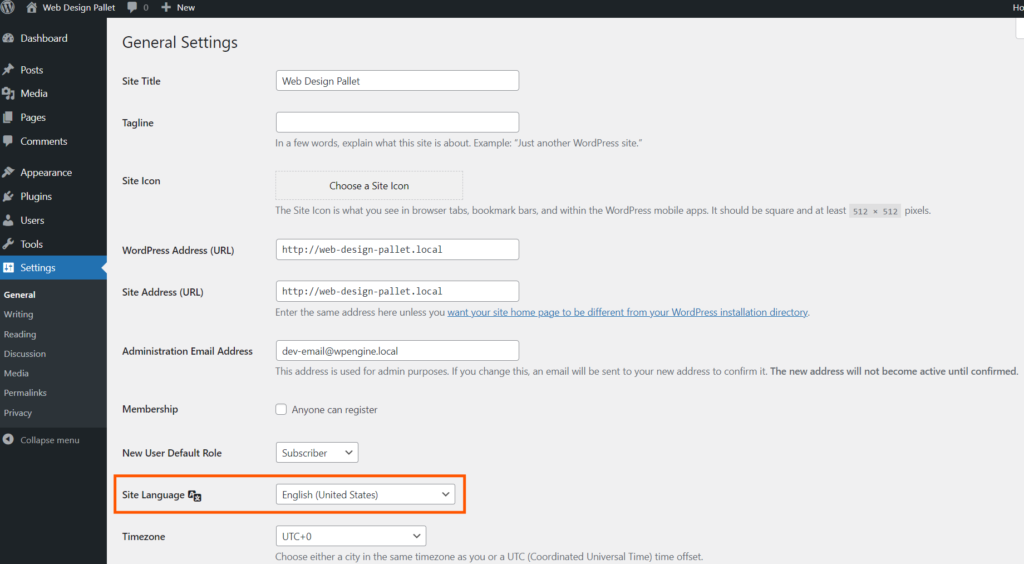 「Site Language」の項目